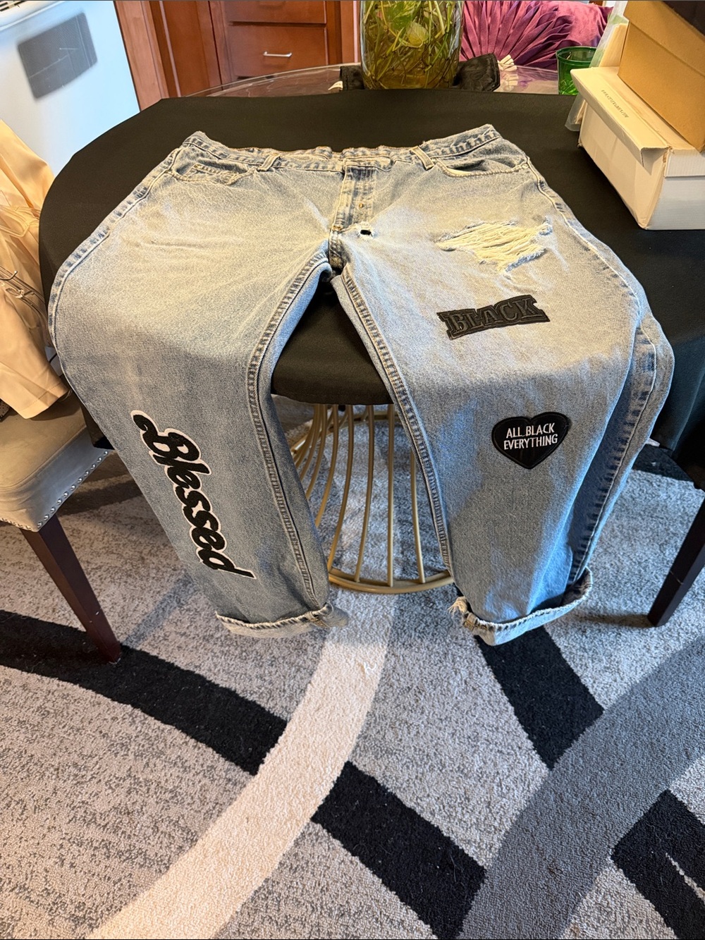 Light Wash Graphic Patch Jeans with 'Blessed' & 'All Black Everything'